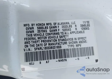 2003 Honda Odyssey Ex-L from USA, damaged, VIN 5FNRL18033B031659